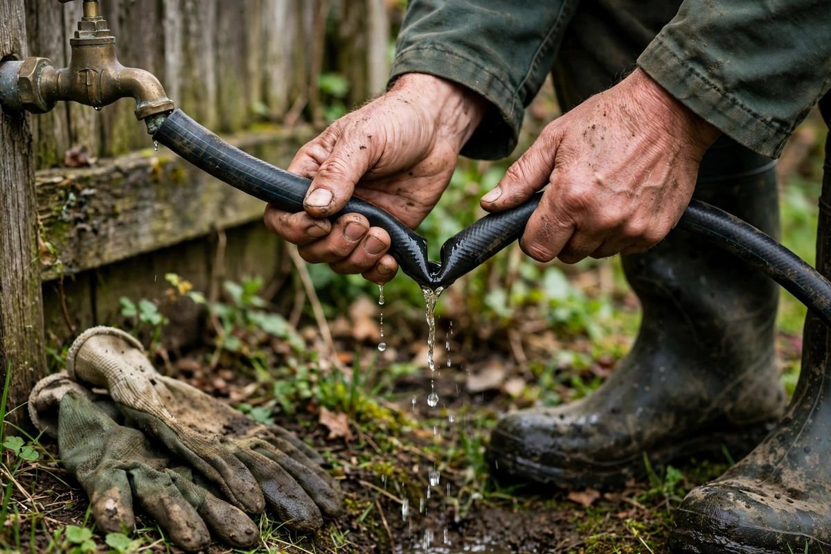 Hands holding a kinked traditional rubber hose at a garden tap with water dripping
