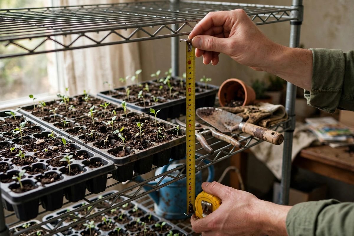 Hands measuring the height between wire shelf tiers with a tape measure to plan grow light and tray placement