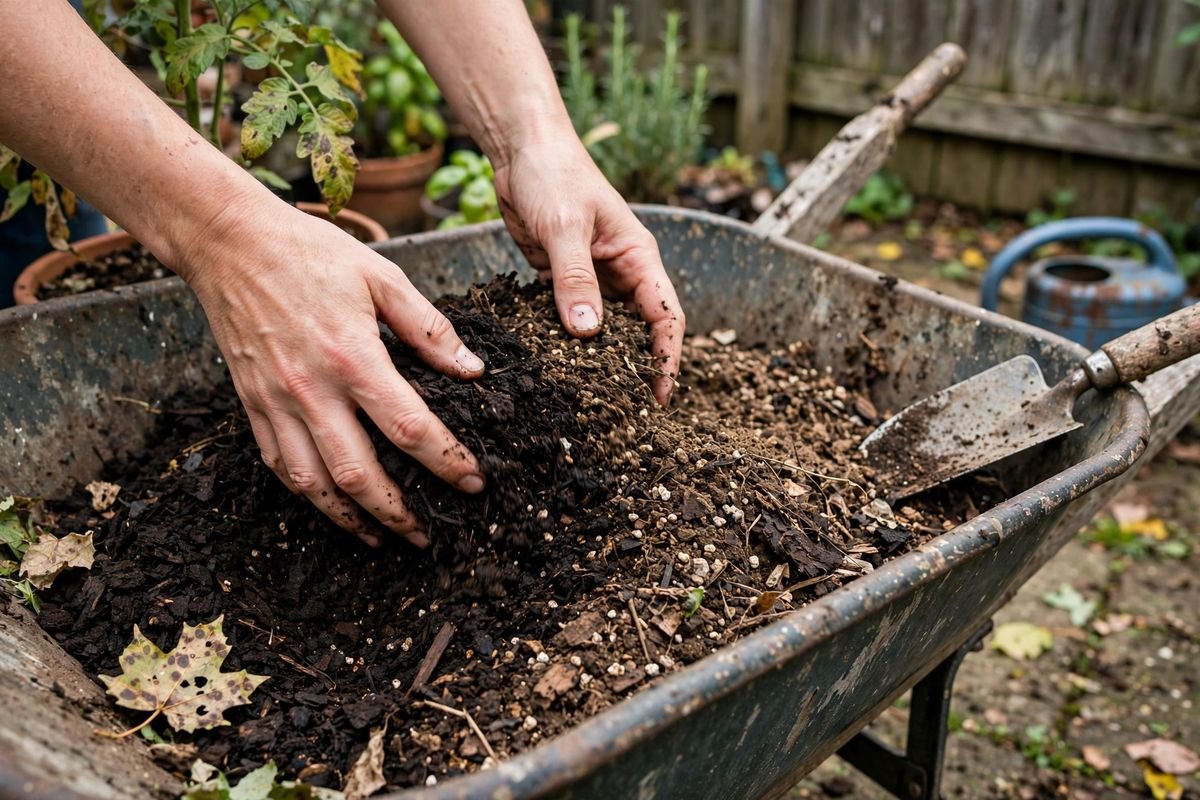 Hands mixing dark finished compost into old potting soil in a wheelbarrow