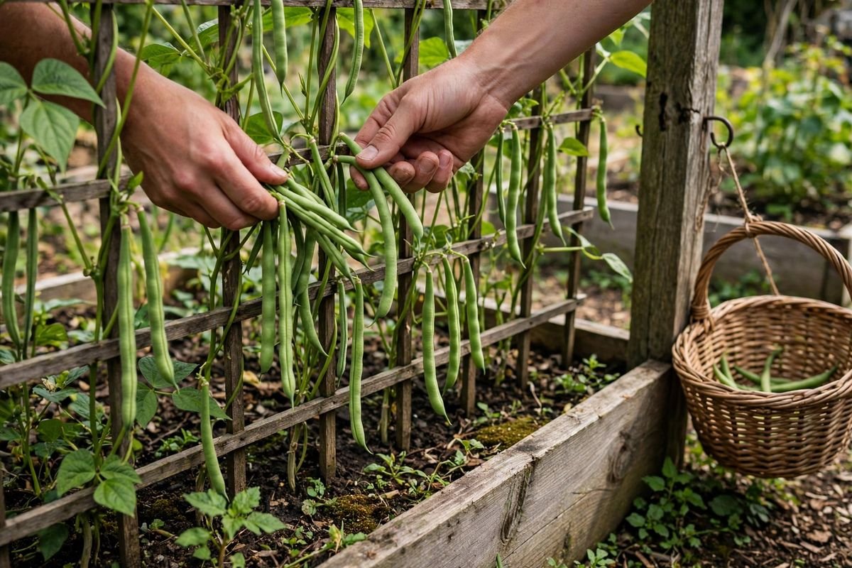 Hands picking beans from a flat trellis panel in a raised bed, with a basket hanging from a post