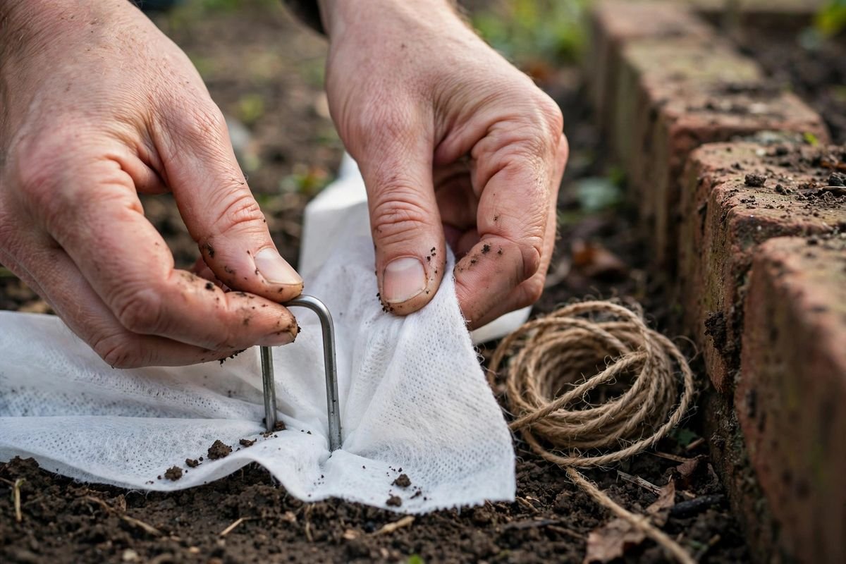 Hands pinning the edge of frost cloth to soil beside a raised bed with a brick and garden staples, soil crumbs visible