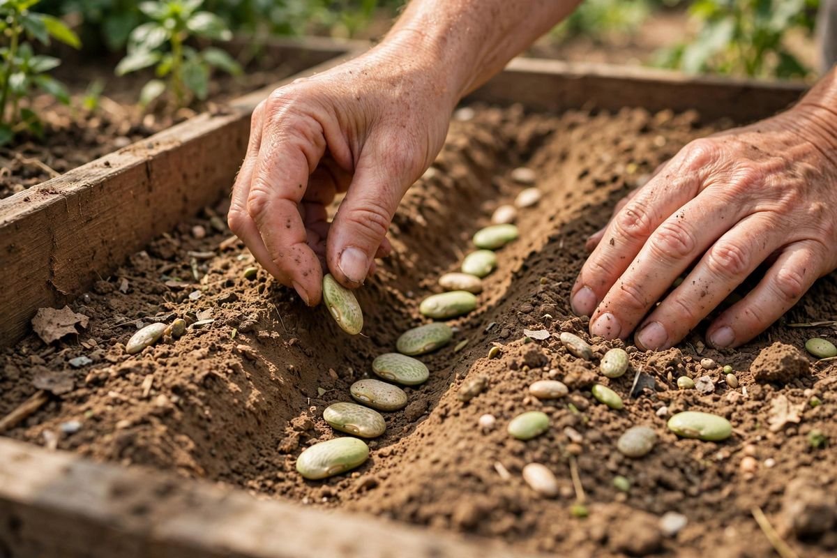 Hands placing large green bean seeds in a shallow furrow in warm garden soil
