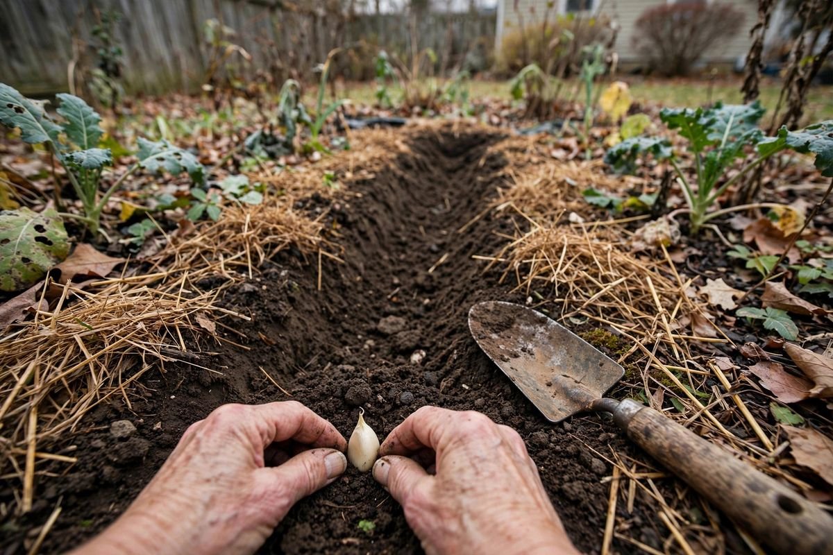 Hands planting garlic cloves point-up in a mulched garden bed in late fall