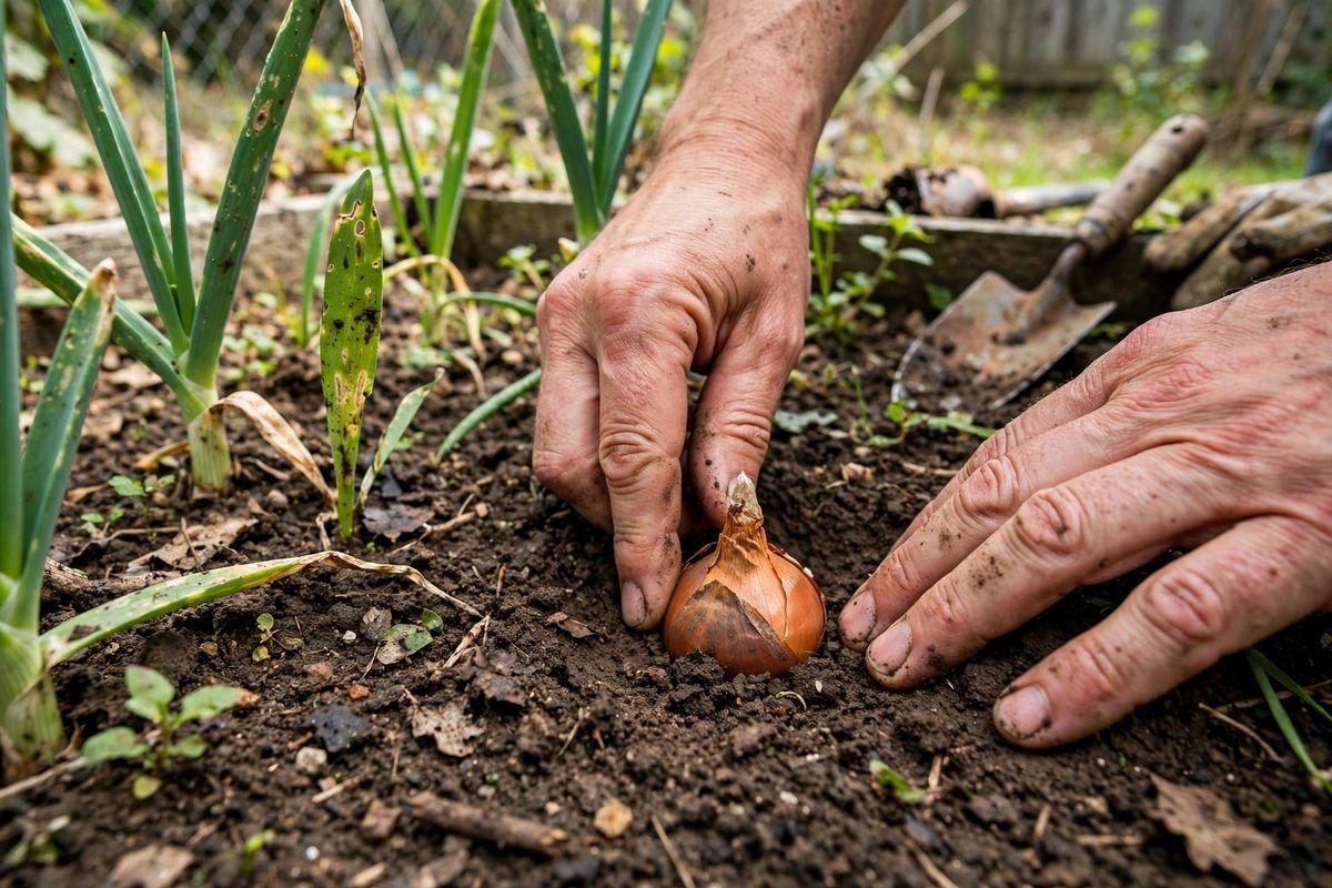 Hands pressing an onion set into soil with pointed tip facing up