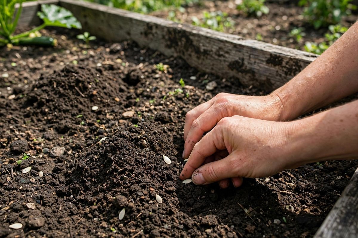 Hands pressing zucchini seeds into dark mounded soil in a sunny raised bed