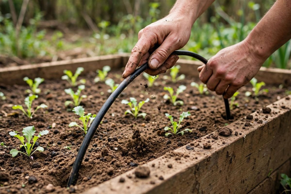 Hands pushing a flexible hoop into the soil of a raised bed with young greens growing inside and a roll of cover fabric on the soil