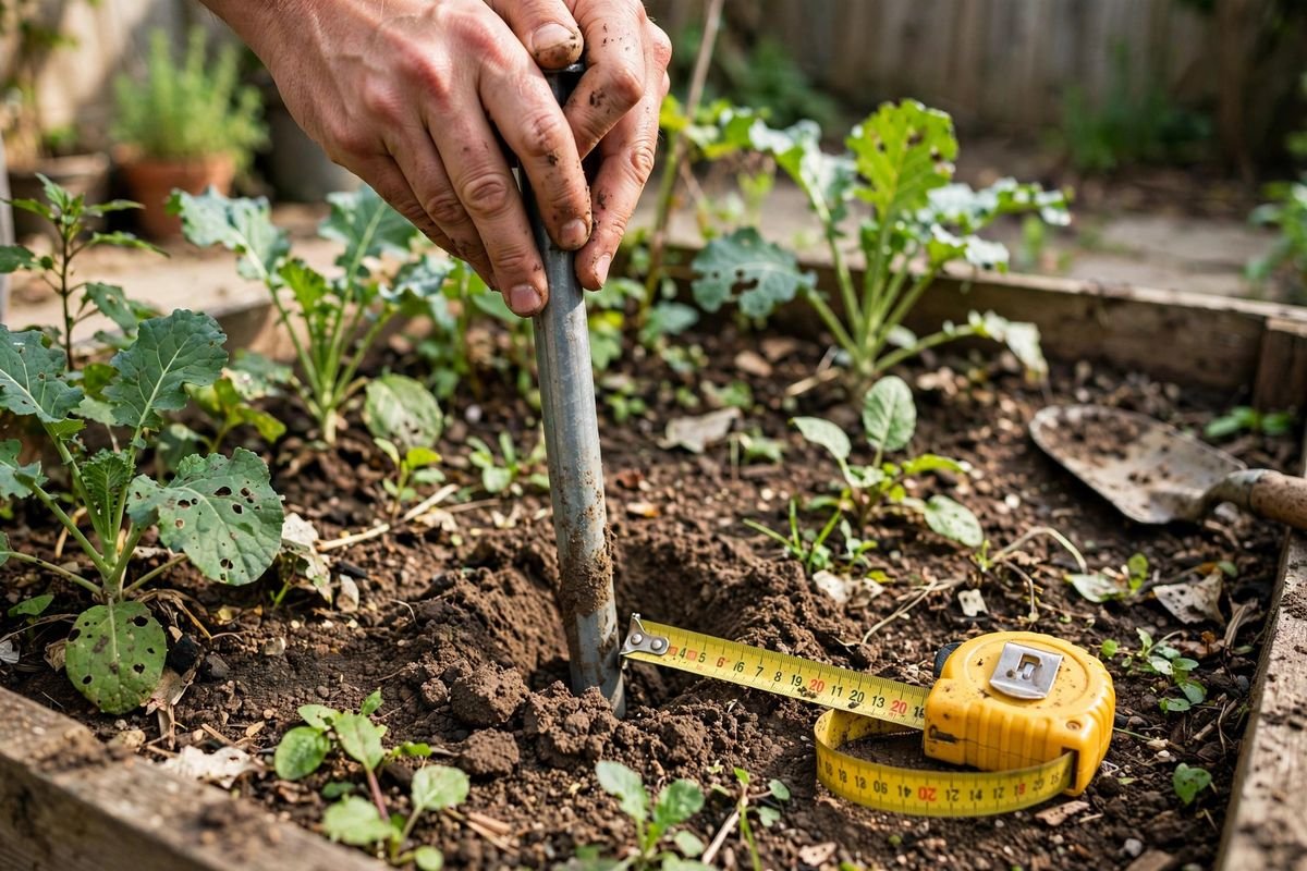 Hands pushing a metal garden stake deep into soil beside a raised bed with a tape measure nearby