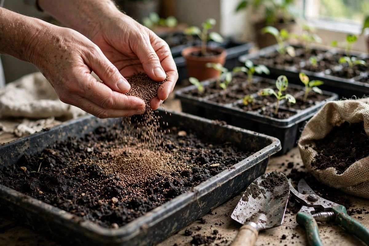 Hands scattering small seeds densely across dark moist soil in a shallow growing tray