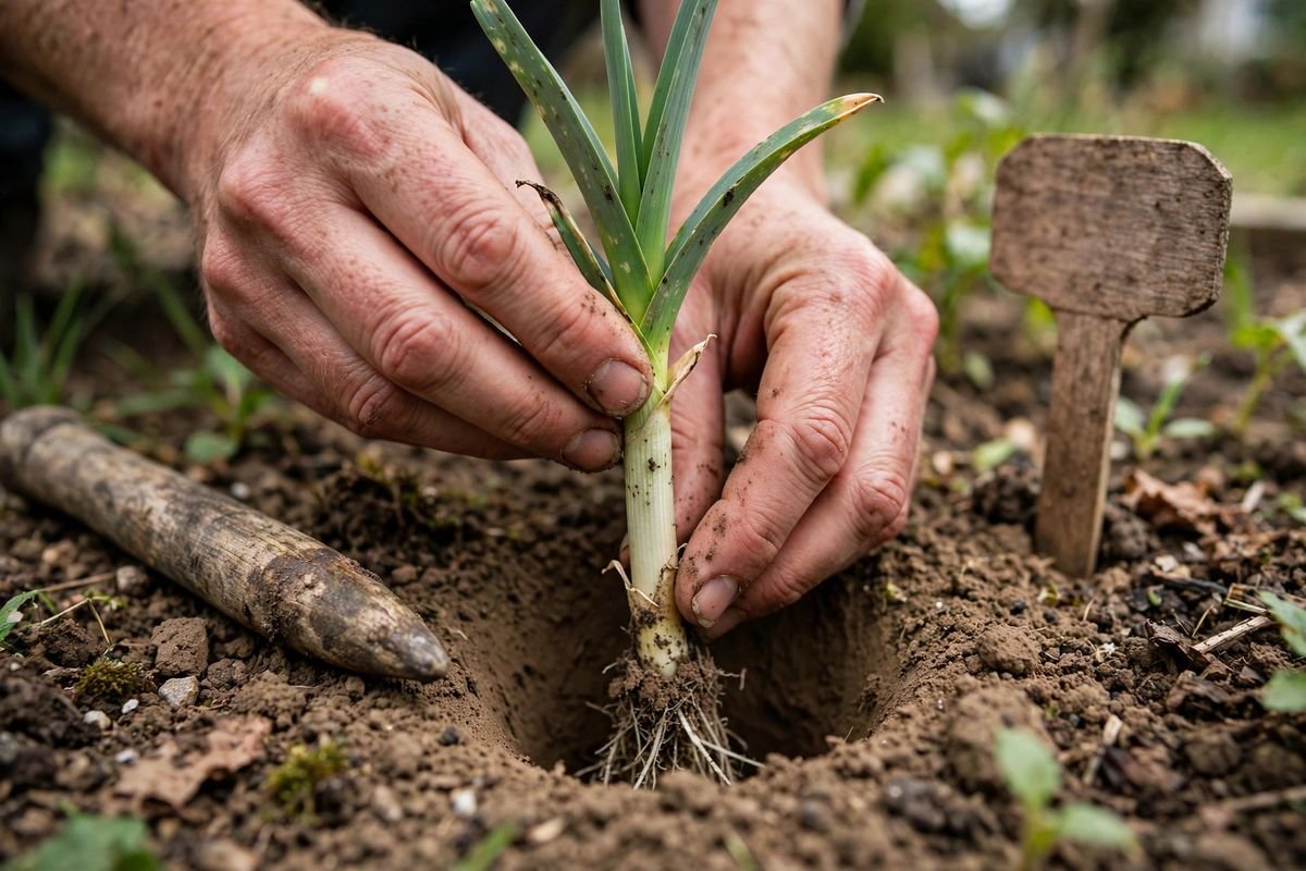 Hands setting a leek seedling into a dibber hole with loose soil around the base