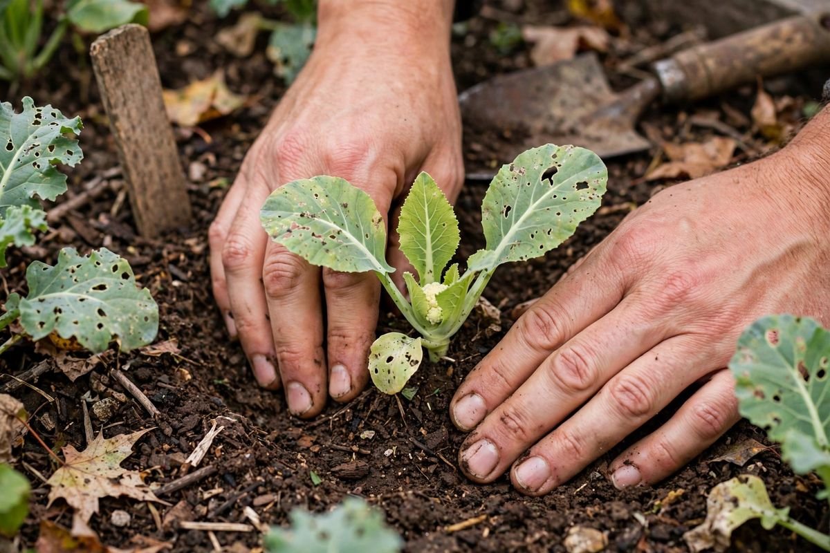 Hands setting a young cauliflower transplant into dark soil and firming the soil around the stem