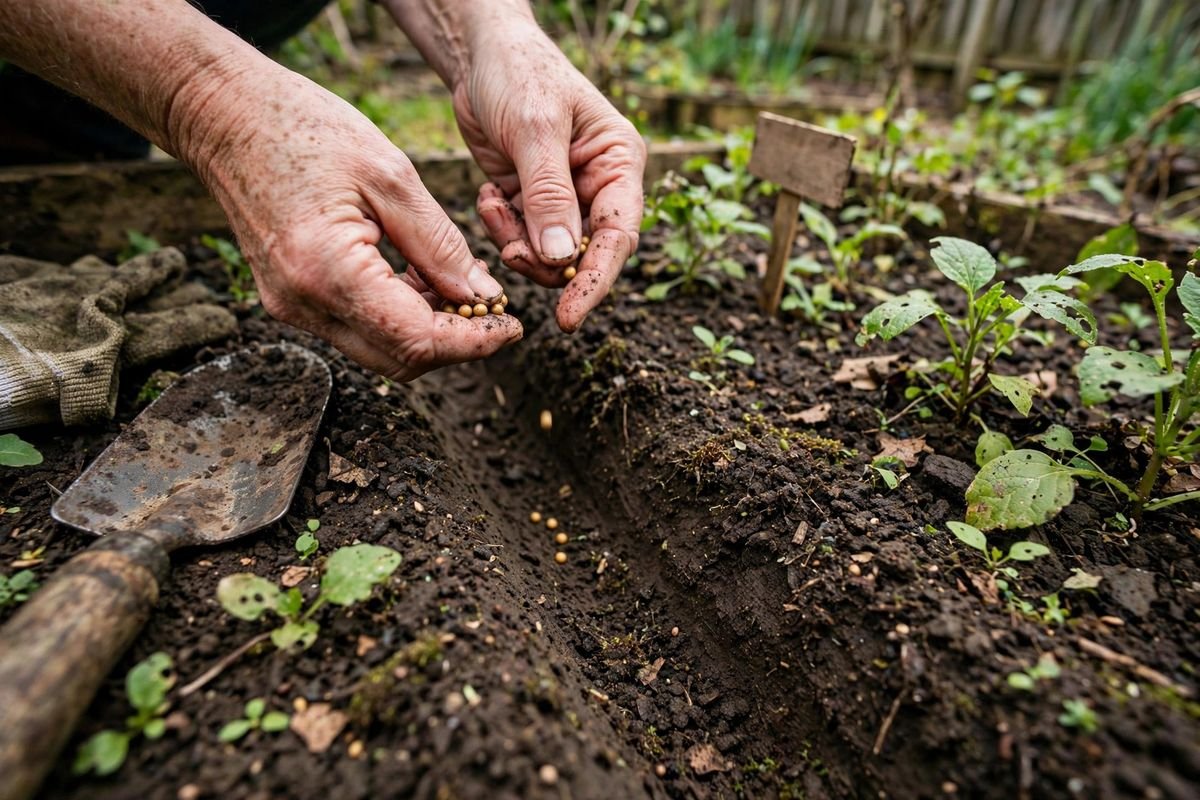 Hands sowing bok choy seeds into a shallow furrow in dark garden soil