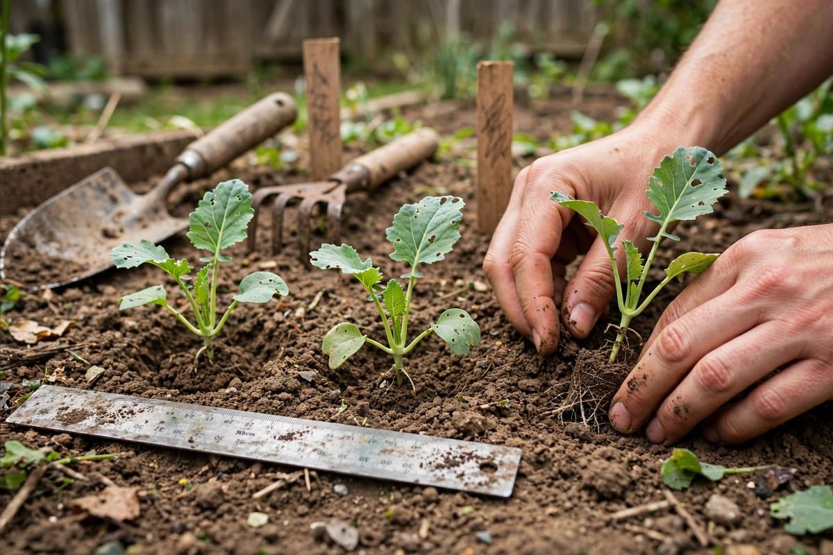 Hands spacing kohlrabi transplants in loose soil beside a ruler