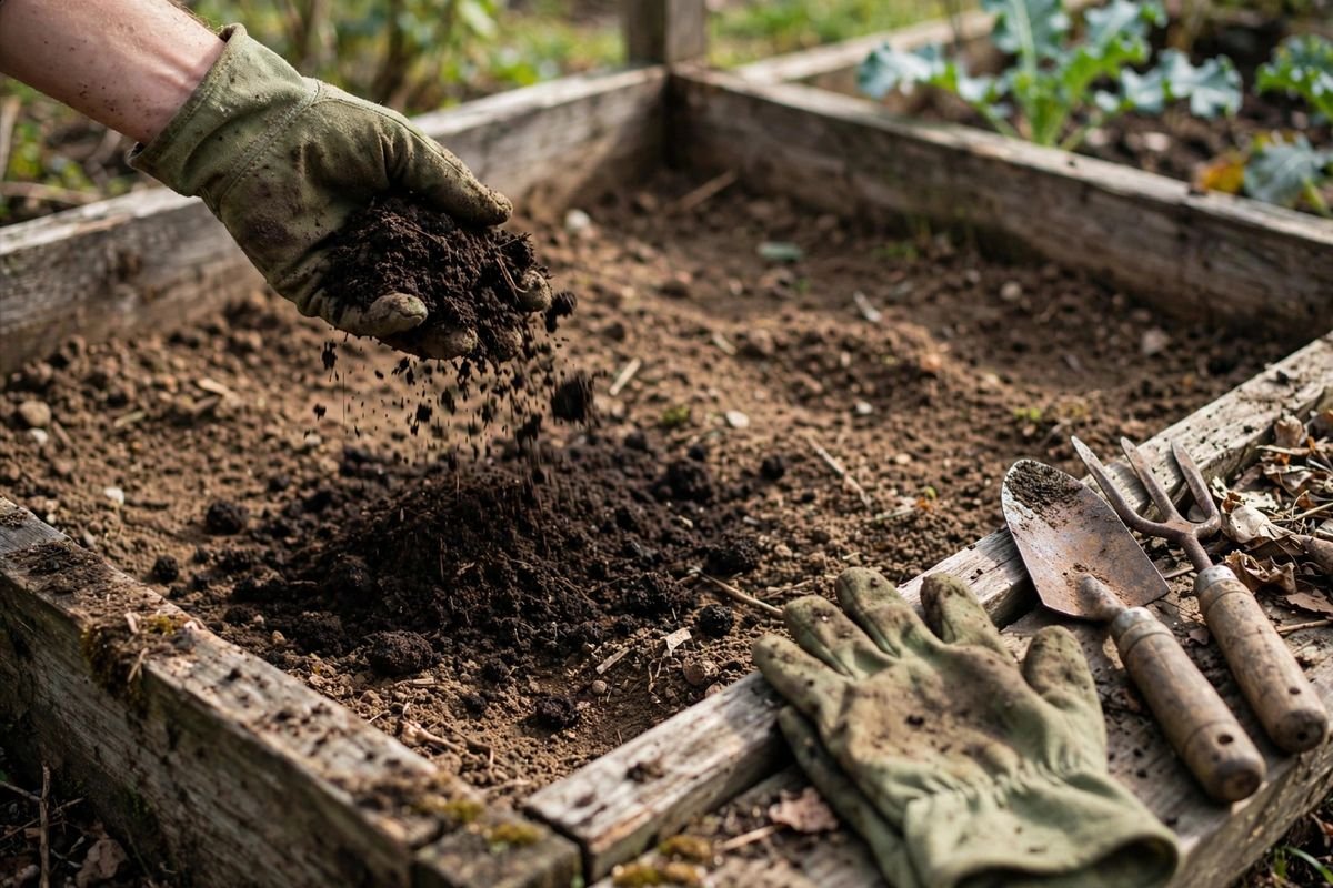 Hands spreading finished compost over soil inside an open cold frame before planting