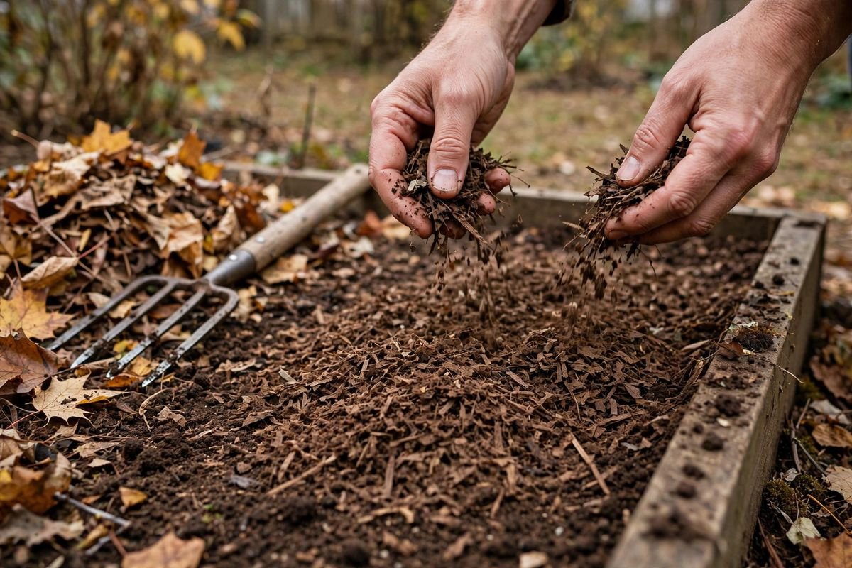 Hands spreading shredded leaf mulch over a raised bed, with a wheelbarrow and an open bag of straw on damp soil nearby