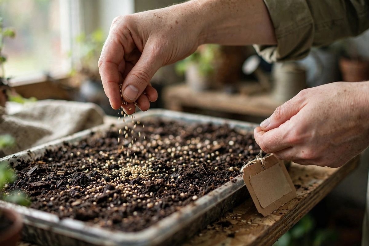 Hands sprinkling small lettuce seeds over the surface of moist potting mix in a shallow tray beside a handwritten label
