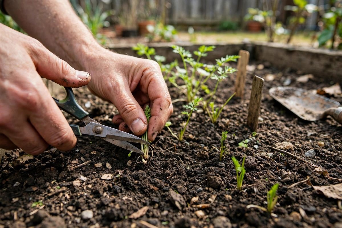 Hands thinning parsnip seedlings in a row to leave space between young plants