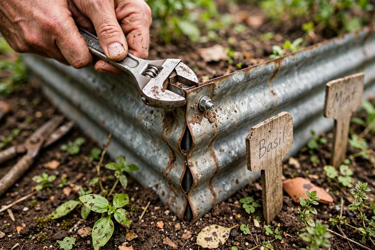 Hands tightening a bolt where two metal bed panels meet at a corner
