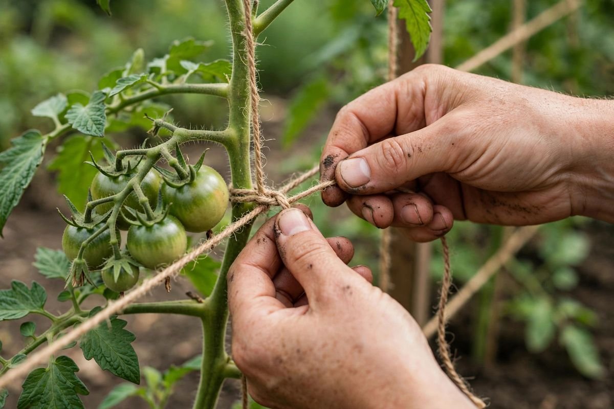 Hands tying a tomato stem to a trellis string with soft twine, with green fruit on the vine