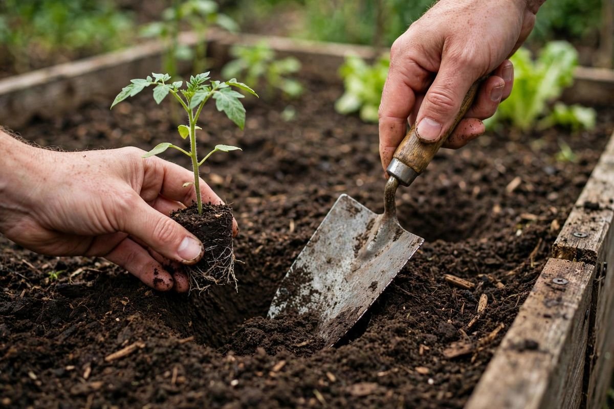 Hands using a hand trowel to set a seedling into a raised bed