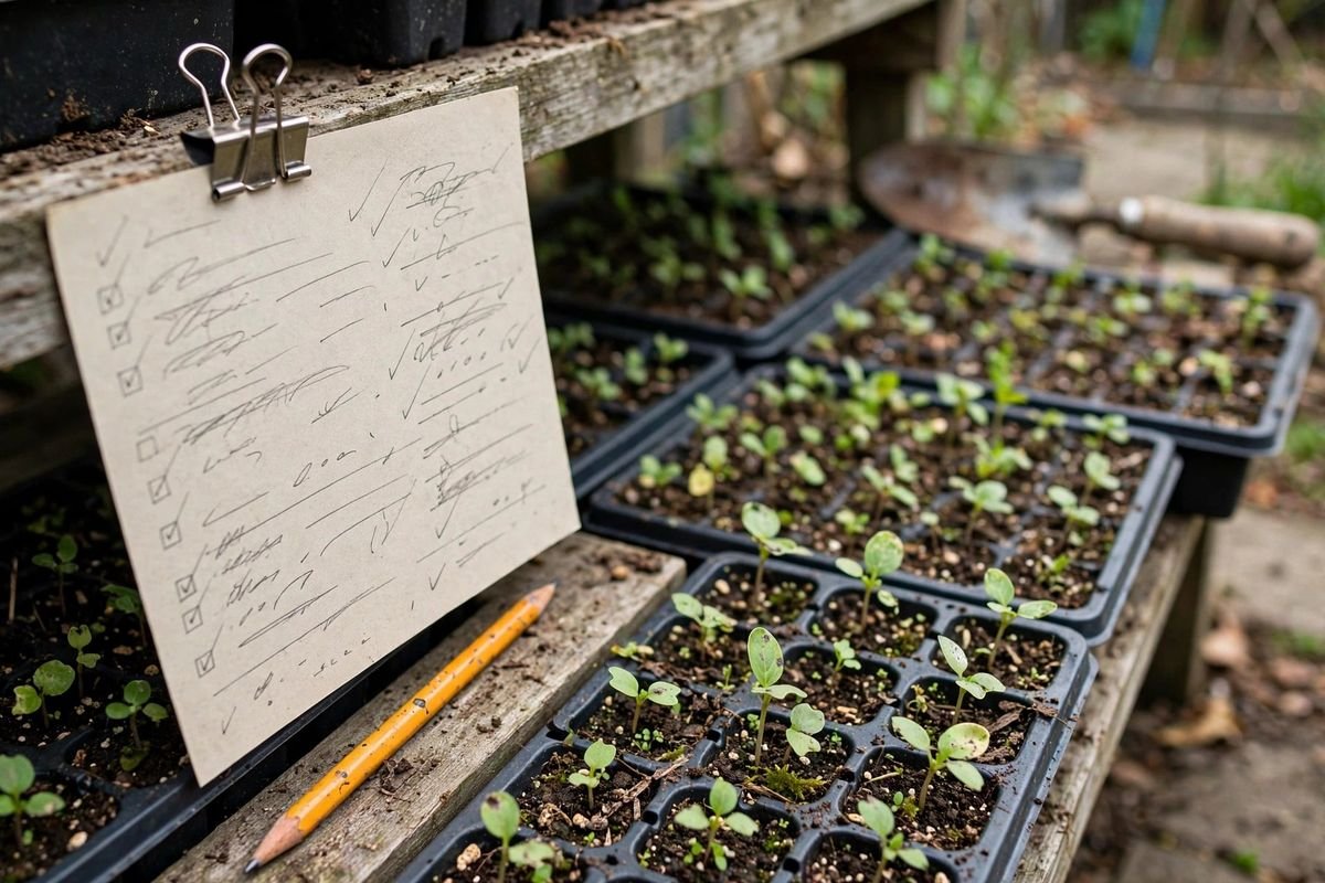 Handwritten schedule card clipped to the edge of a seed shelf beside seedling trays, with penciled times and dates