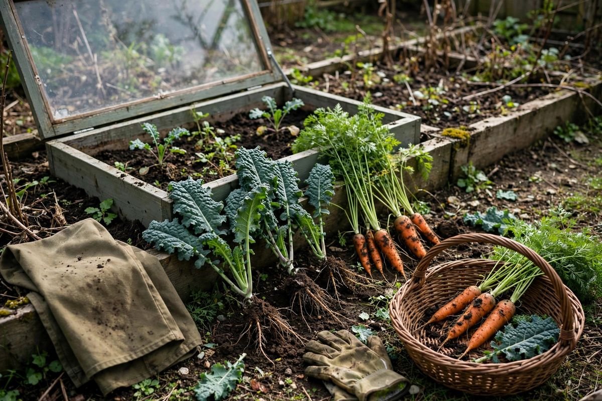 Harvest of kale leaves and carrots lifted from soil inside a winter cold frame