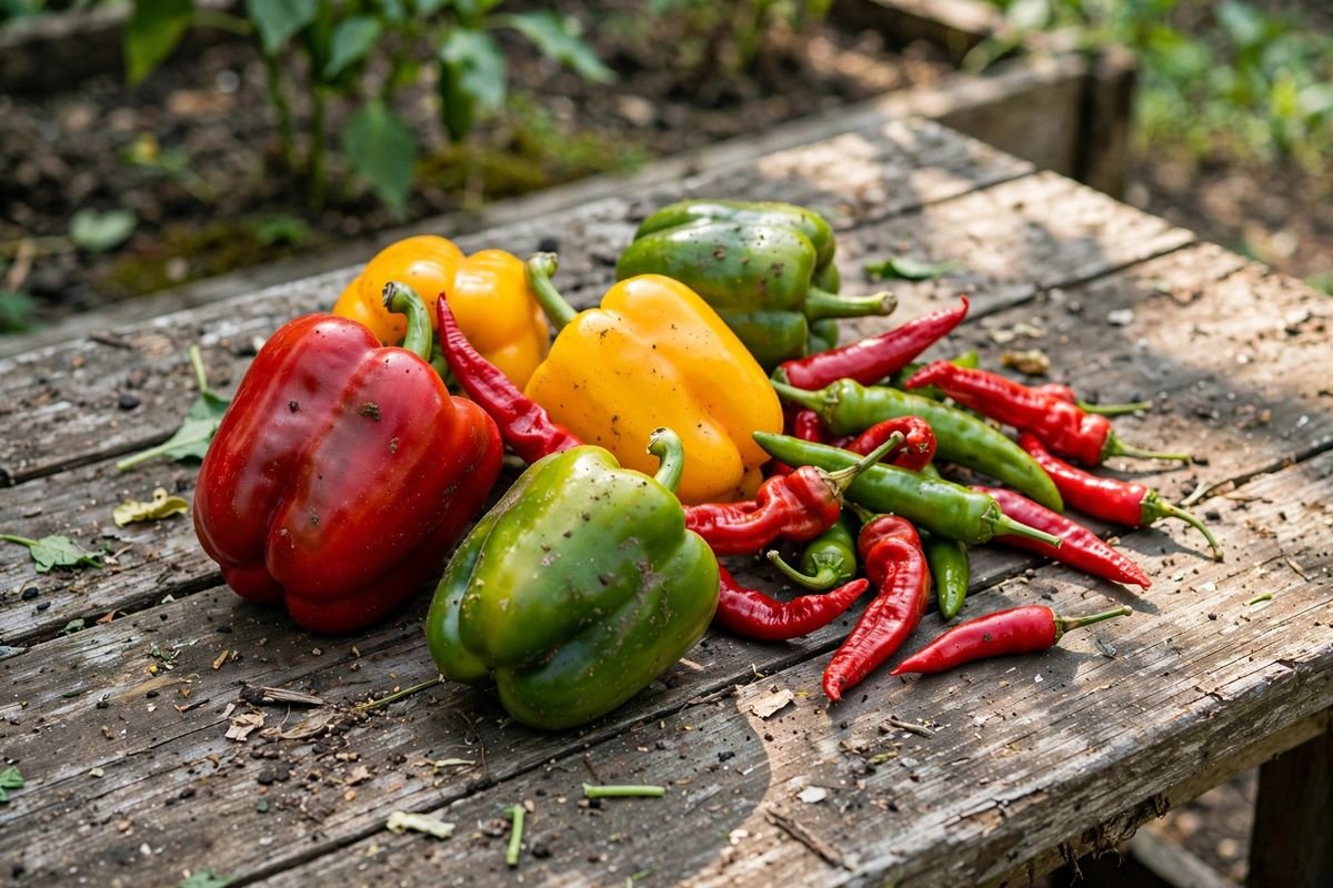 Harvest of red, yellow, and green peppers beside hot peppers on a weathered garden table