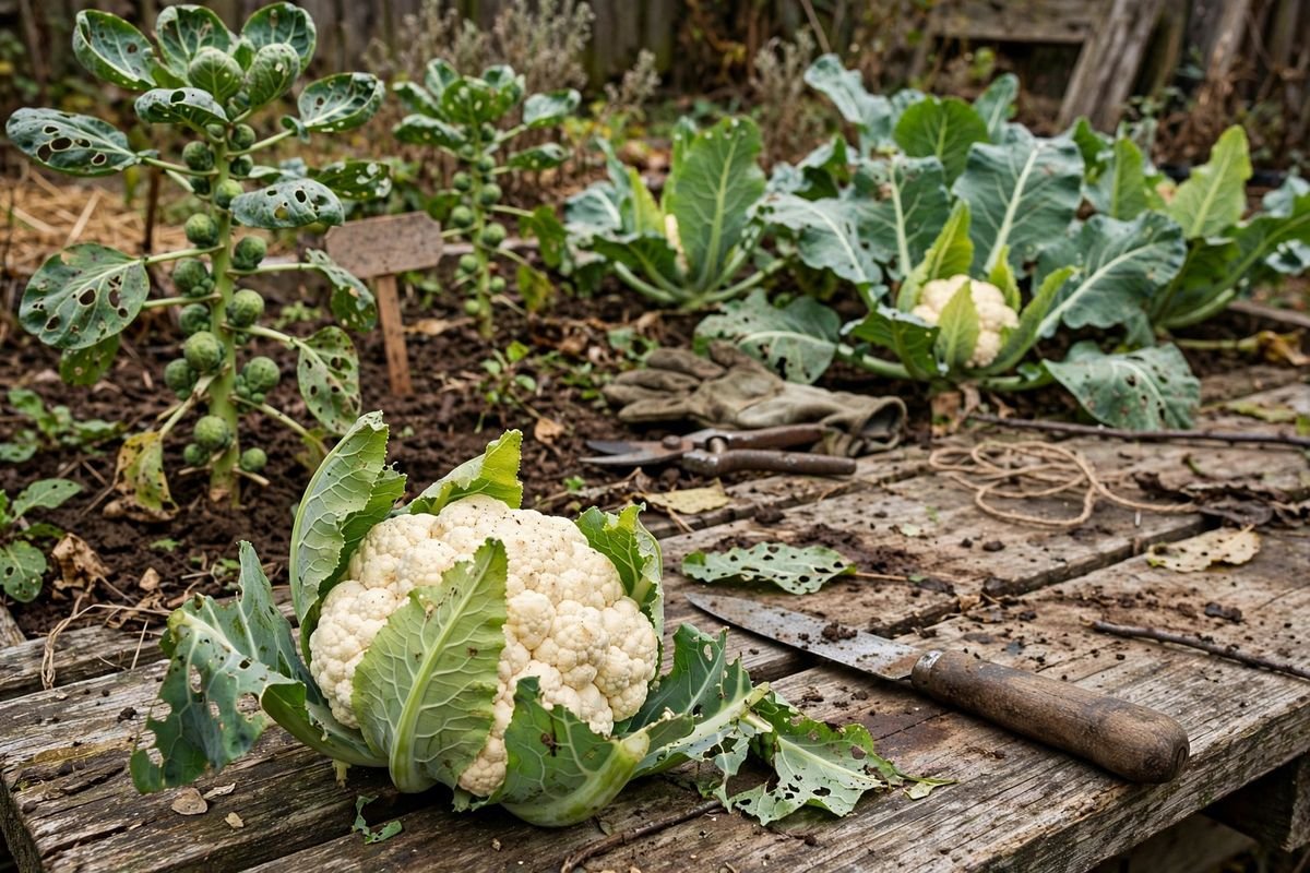 Harvested cauliflower head with leaves attached resting on a weathered wooden table beside a garden knife