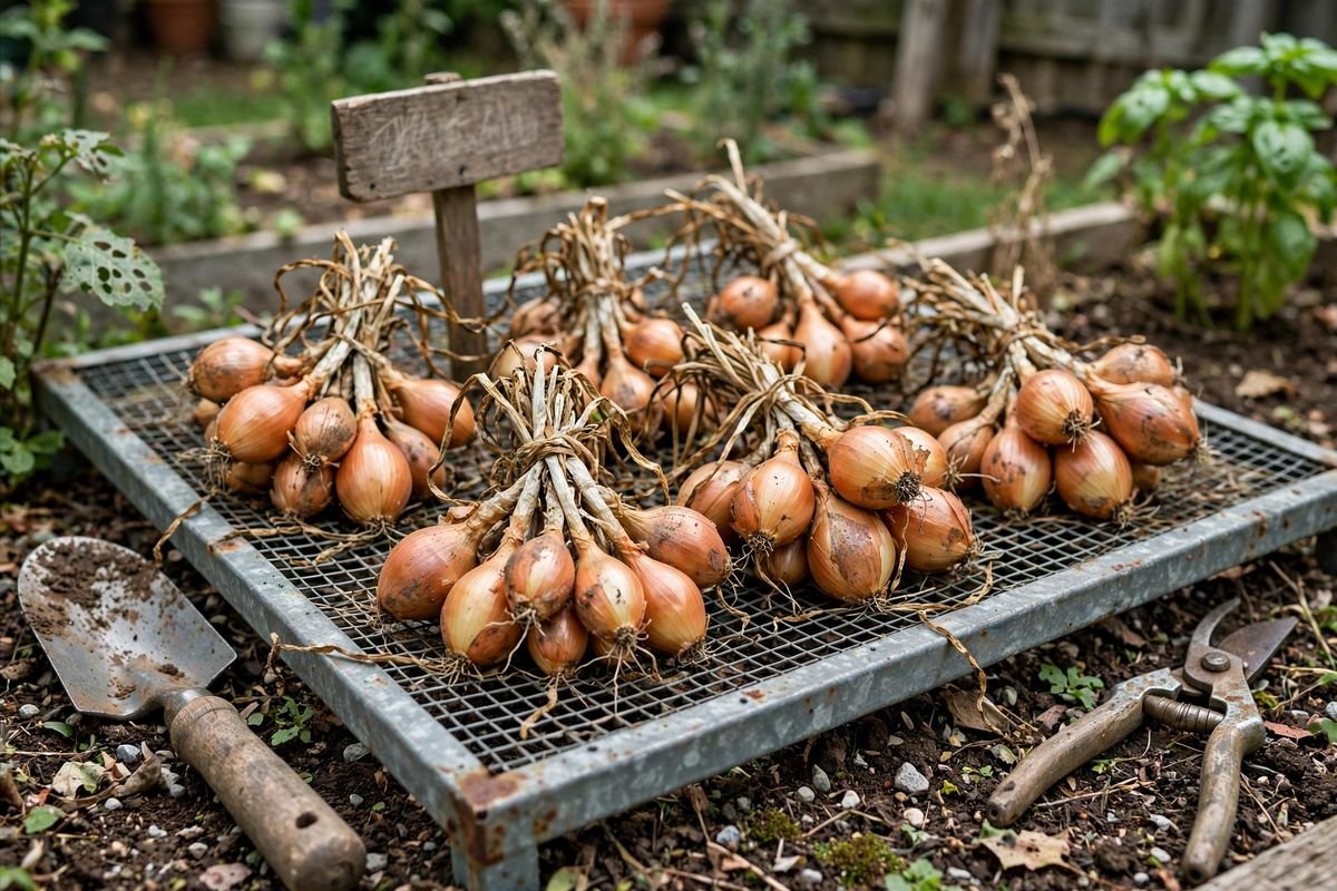 Harvested shallot cluster with golden skins and dry tops curing on a mesh rack