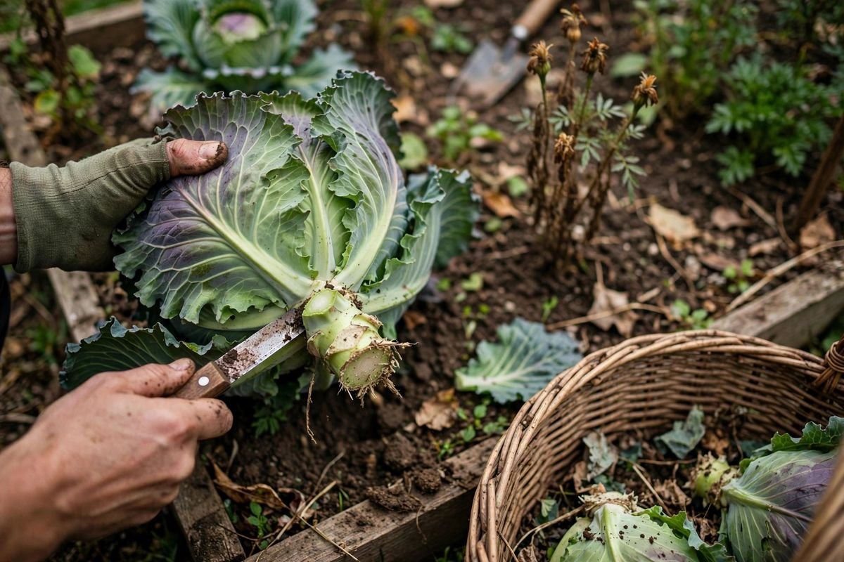 Harvesting a mature fall cabbage with a knife in a home garden