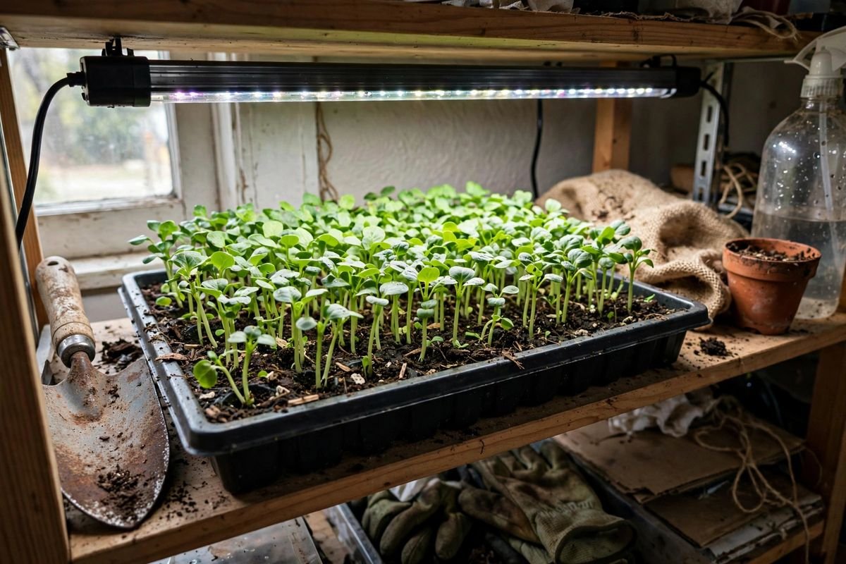 Healthy compact green seedlings with thick stems growing directly under a low LED grow light bar on an indoor shelf