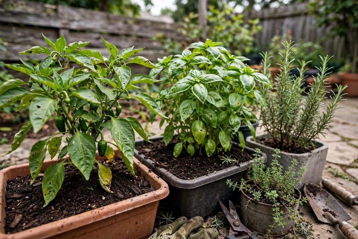 Healthy green plants thriving in refreshed potting soil in containers
