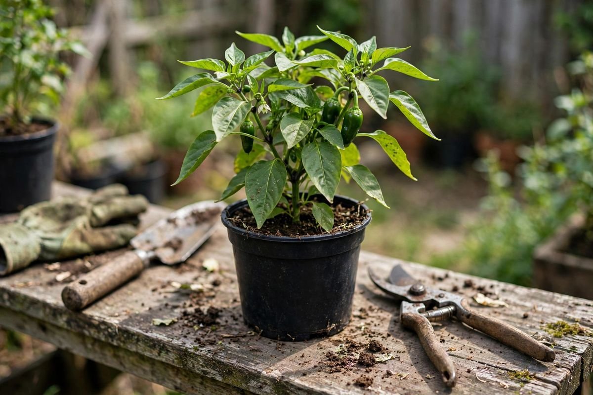 Healthy pepper plant in a nursery pot beside pruning shears on a weathered potting bench