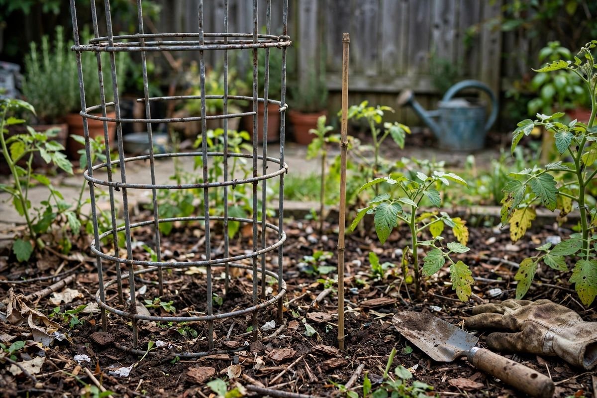Heavy-duty wire tomato cage next to a single thin bamboo stake in garden soil for size comparison