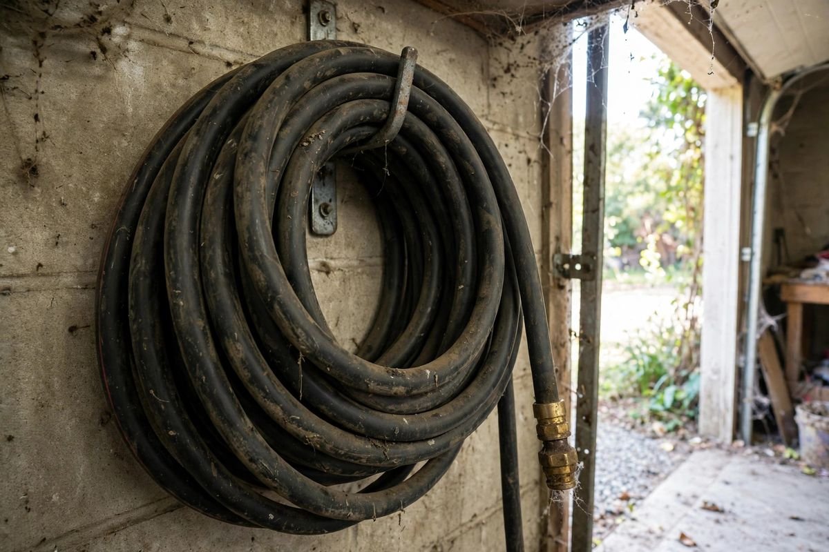 A heavy traditional rubber garden hose coiled on a metal wall hook in a garage