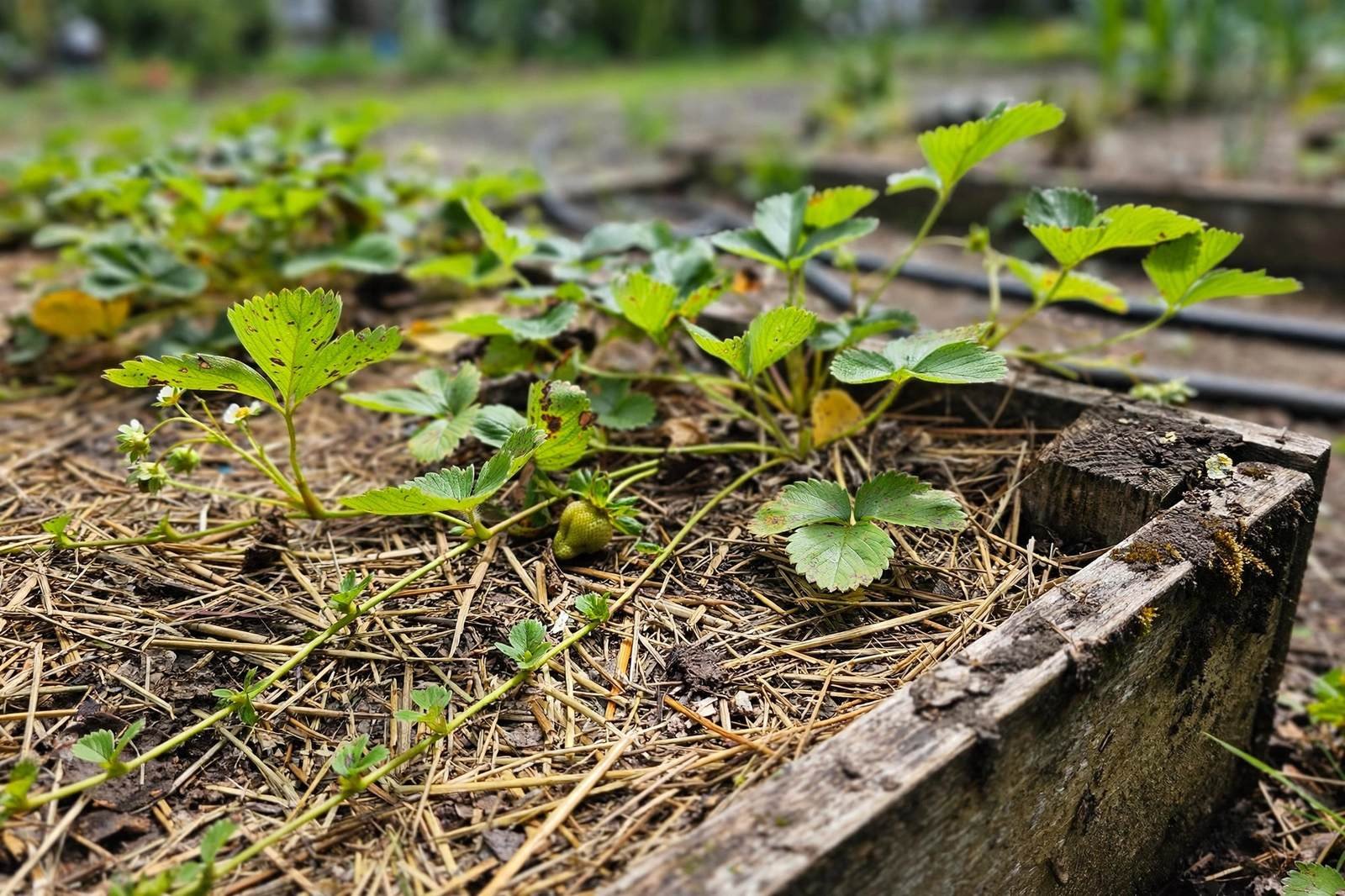 Strawberry plants with long runners spreading across uneven straw mulch in a weathered raised bed, with spotted leaves and one misshapen green berry