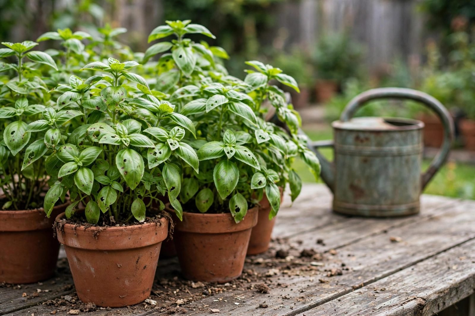 Bushy sweet basil plants in terracotta pots on a weathered wooden patio table beside an old metal watering can