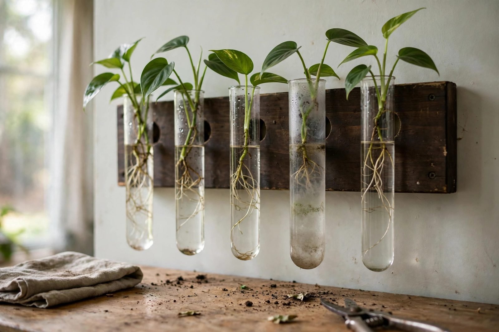 Wall-mounted dark-wood propagation station with five glass test tubes holding rooted pothos cuttings, pruning shears and soil crumbs on the counter below