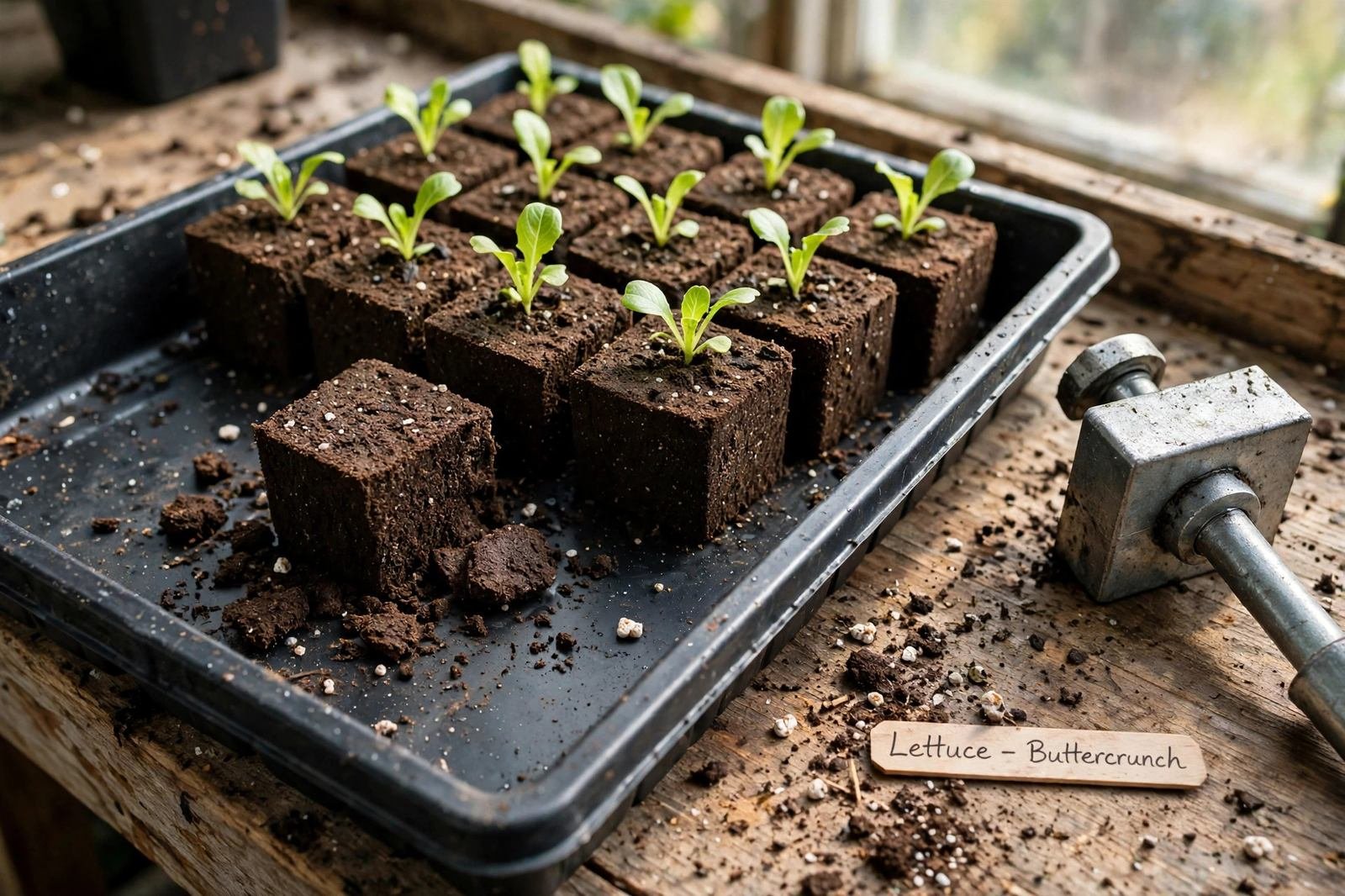 Soil blocks with young lettuce seedlings in a black tray beside a worn metal soil blocker, with crumbled block pieces, mix crumbs, and a handwritten wooden label reading Lettuce - Buttercrunch on a weathered bench