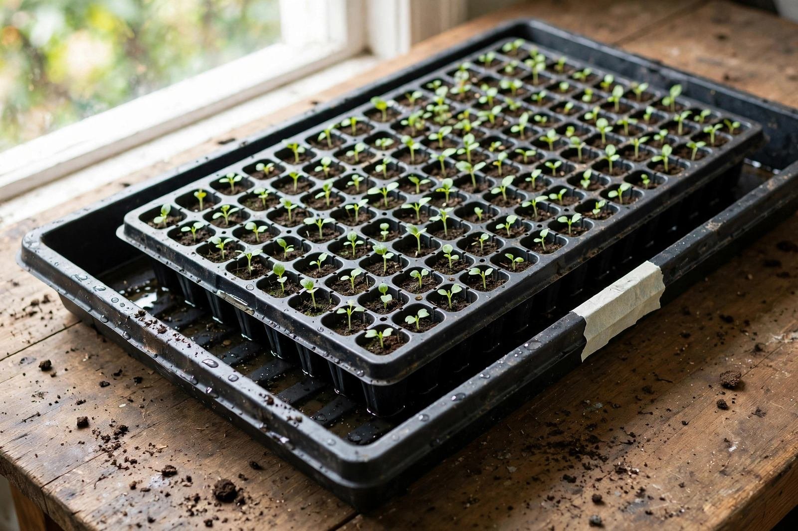 A 1020 seedling tray setup on a wooden table by a bright window: a 72-cell insert with young seedlings sitting in a solid black bottom tray with a shallow layer of water, soil crumbs on the table, a handwritten masking-tape label on the tray