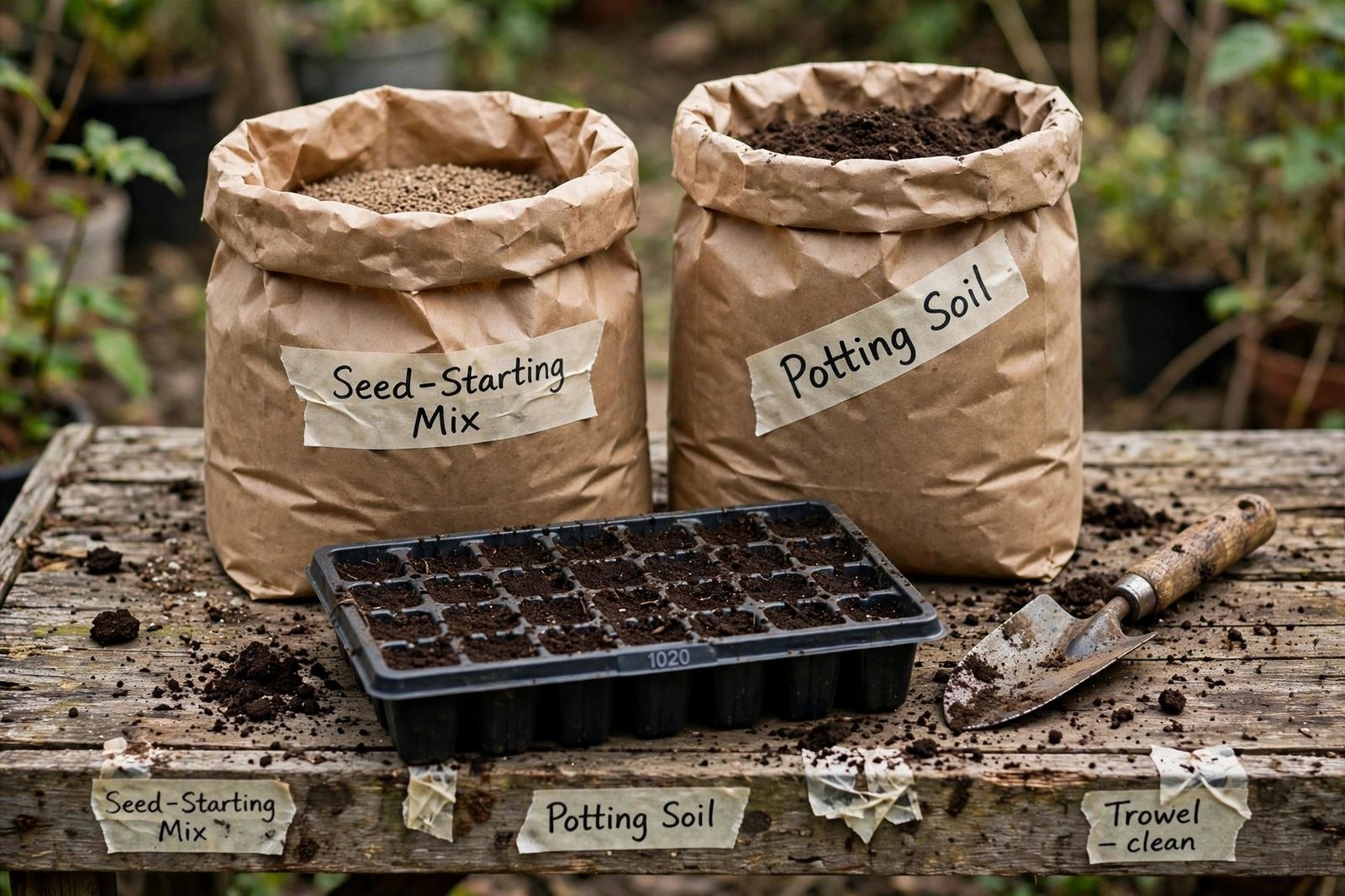 A bag of seed-starting mix and a bag of potting soil side by side on a weathered wooden potting bench in daylight, an open tray of fine mix in front, soil crumbs and a worn hand trowel nearby