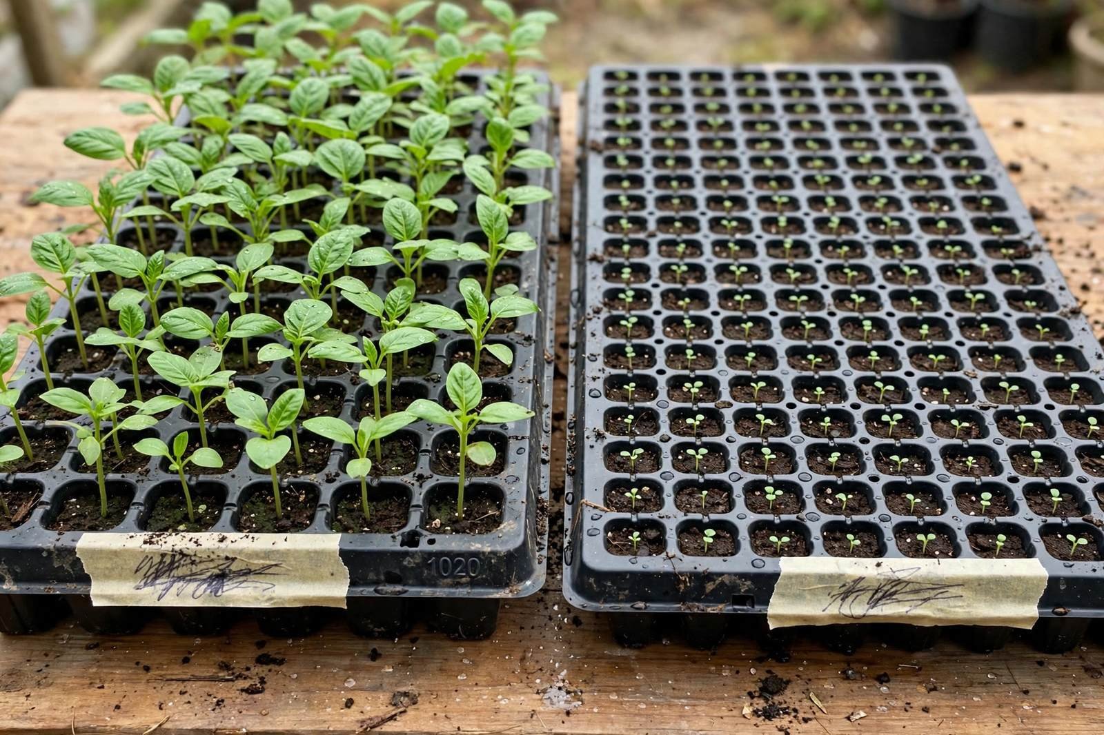 Two black 1020 seedling trays side by side in daylight, a 72-cell tray with sturdy seedlings and a 128-cell tray with smaller seedlings, soil crumbs and water spots on the trays, handwritten labels on each