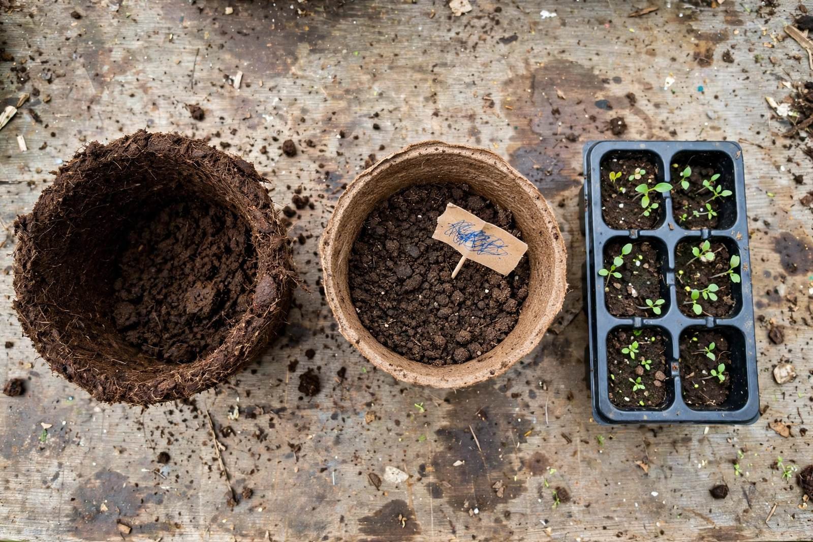 Overhead view of a cow manure pot, a peat pot, and a plastic seedling cell pack side by side on a weathered wooden potting bench with soil crumbs and a handwritten label
