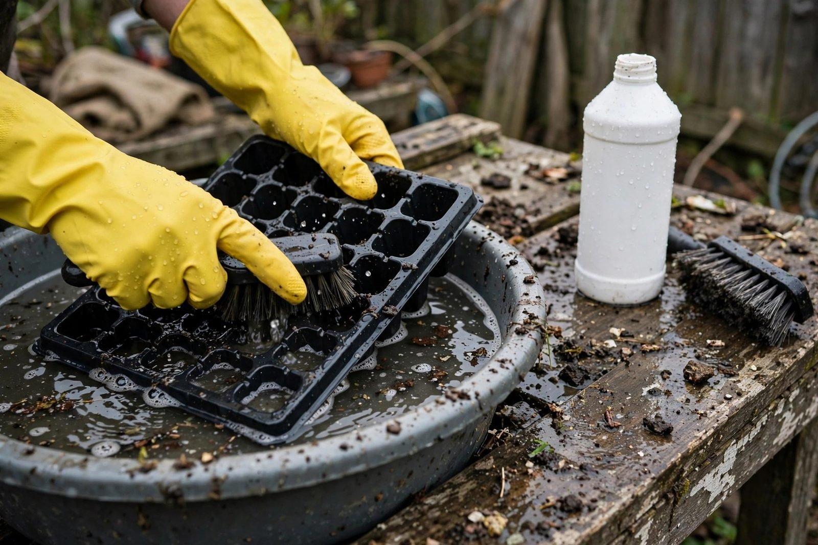 Hands in gloves scrubbing a black seedling tray in a basin of water on a weathered potting bench, with a brush and a bottle of bleach nearby, soil crumbs on the bench
