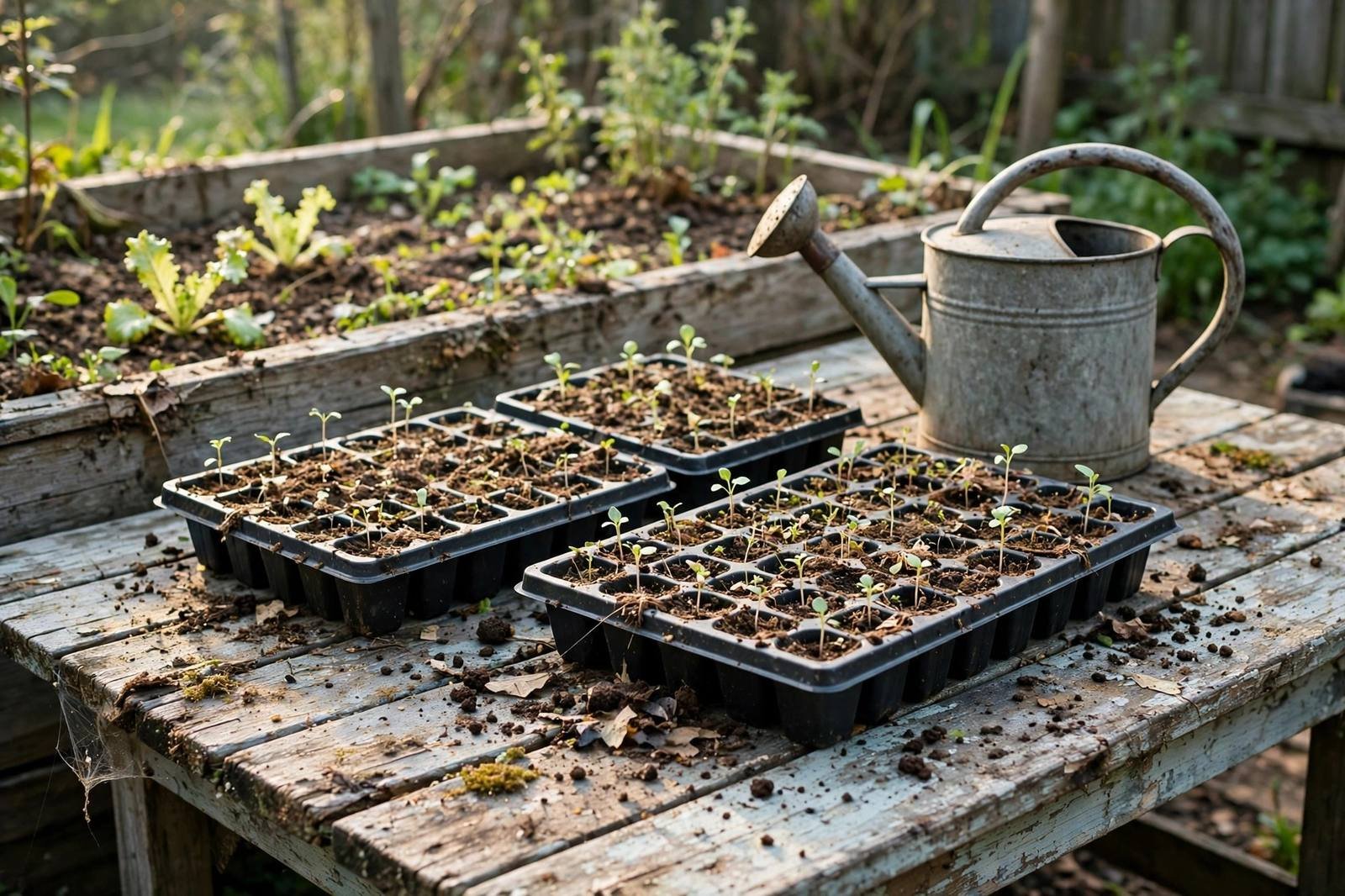 Seedling trays hardening off on a weathered patio table in morning light, with a watering can and a garden bed behind them