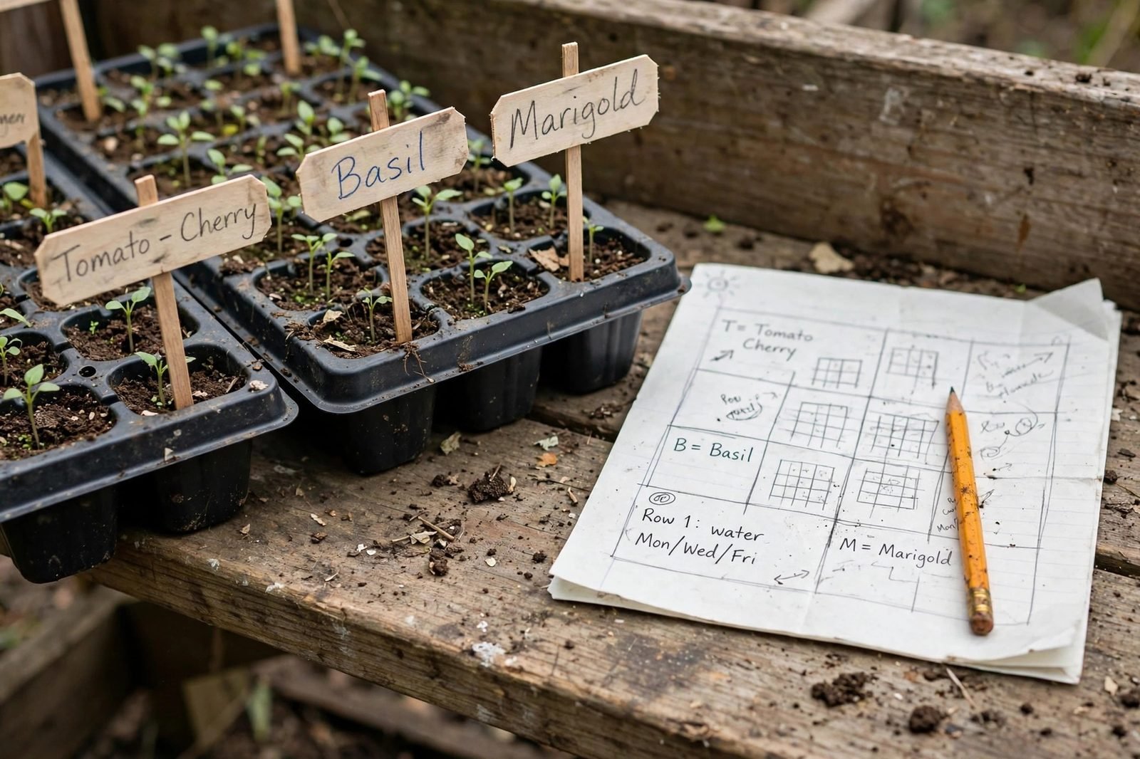 Handwritten wooden plant labels stuck into seedling trays on a wooden bench, with a pencil and a paper tray map beside them, soil crumbs on the bench