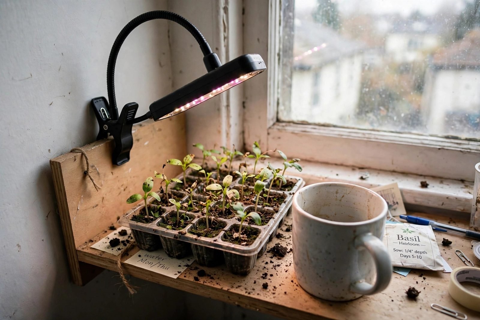 A clip-on grow light with a gooseneck clamped to a small shelf above a tray of seedlings in a corner, with a window and a mug beside the shelf