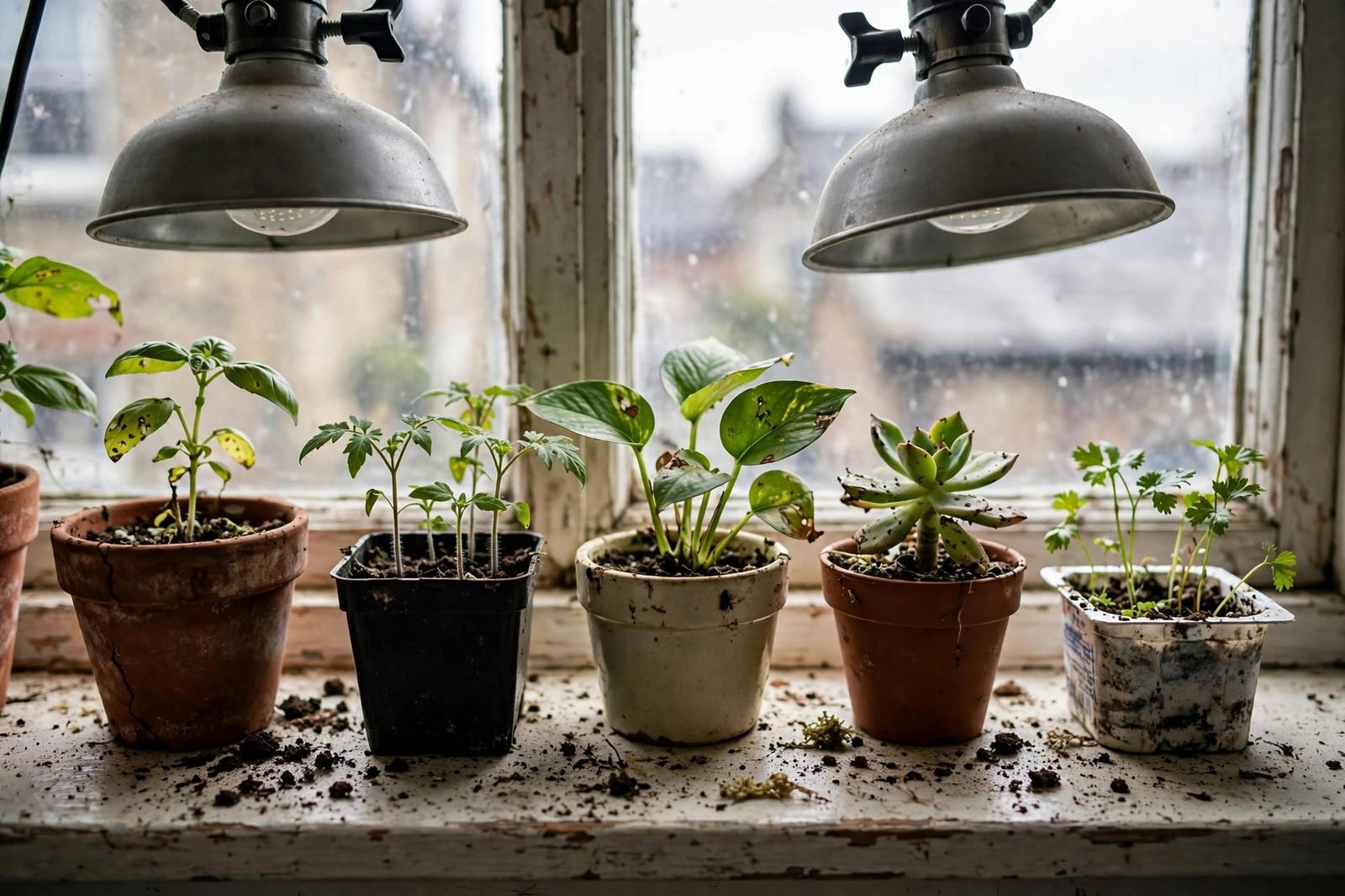 A row of potted houseplants and seedling pots on a windowsill under screw-in grow bulbs in plain shades, with daylight from the window and soil crumbs on the sill