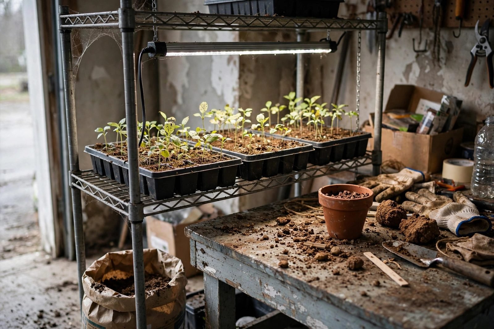 A slim tube grow light fixture above seedling trays on a metal shelf in a garage, with soil crumbs on the bench and a weathered workbench nearby