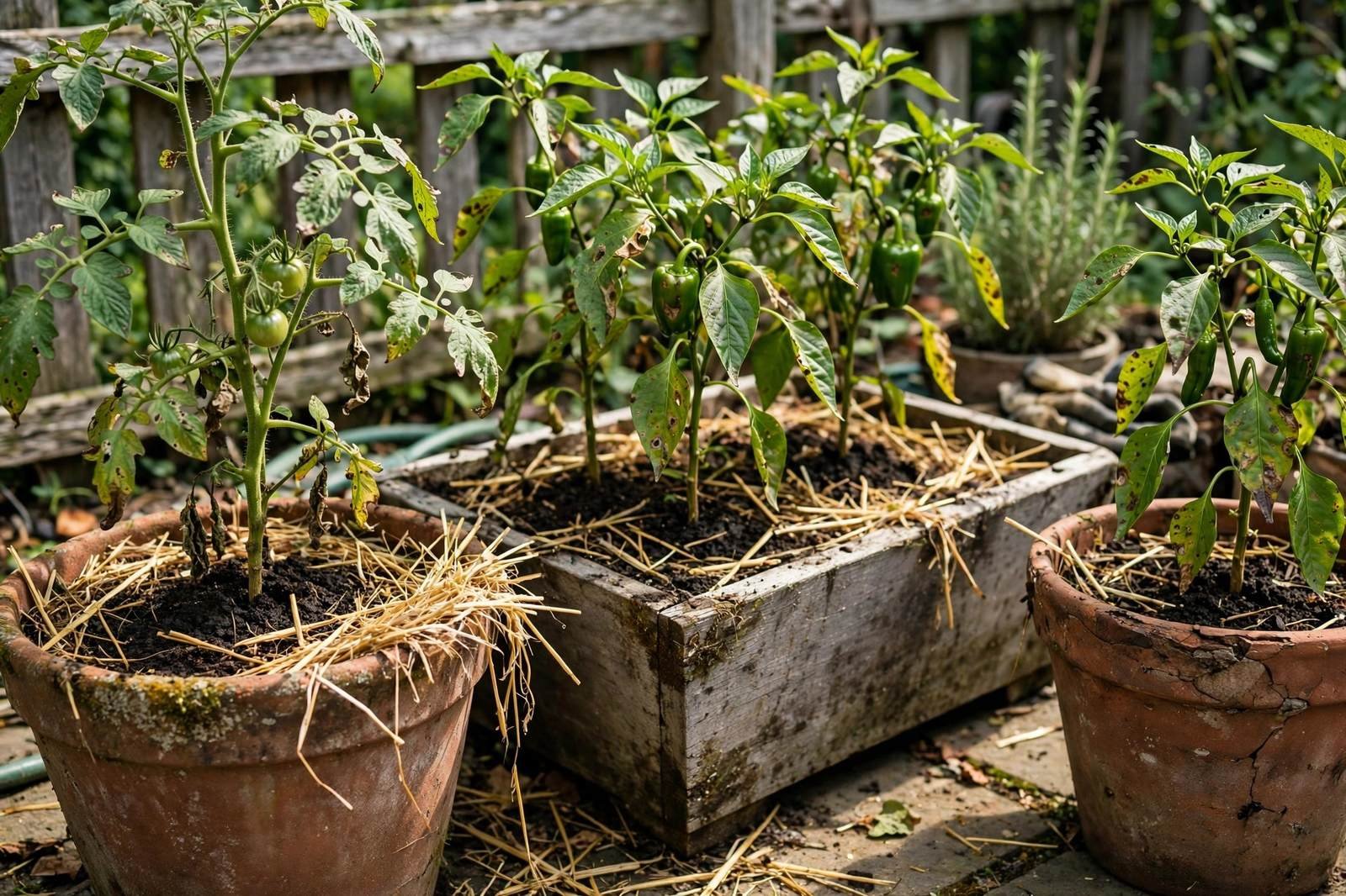 Large planters with tomato and pepper plants on a sunny patio