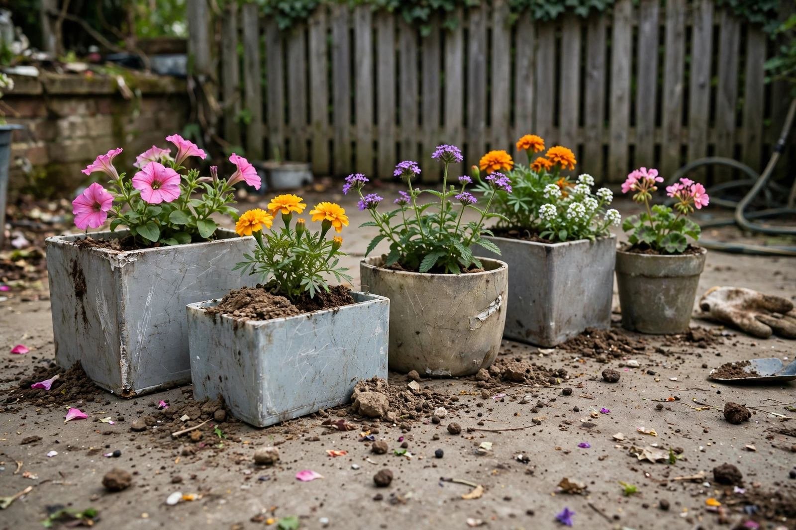 Lightweight resin planters with flowers arranged on a patio